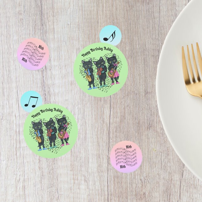 Musiker Themed Black Cats Musiknotens Geburtstag Konfetti (Musician theme table birthday confetti with red, blue, pink circles and cat musicians, musical notes)