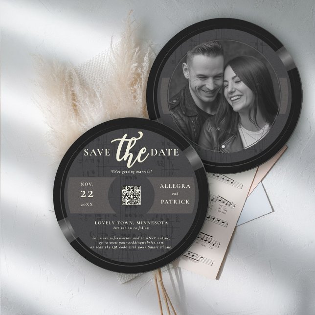 Musiker Wedding Save the Date QR Code Foto Vinyl (music wedding save the date photo musician vintage vinyl record partition notes QR code black)