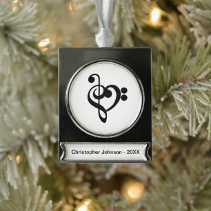 Musikermusikherz - Treble Bass Clef Banner-Ornament Silber