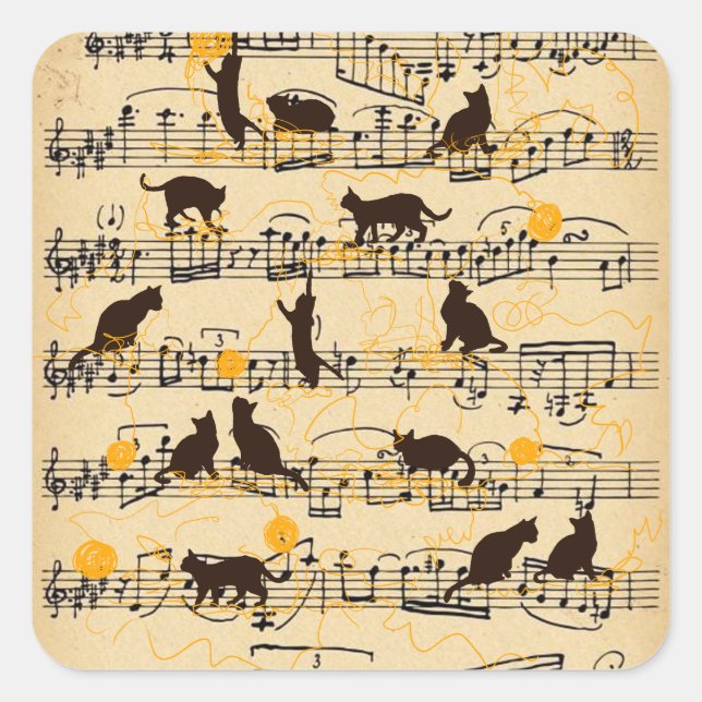 Musikernoten und Kätzchen Quadratischer Aufkleber (Vorderseite)