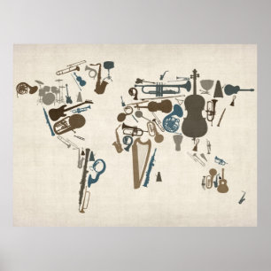 Musikinstrument-Karte der Welt Poster