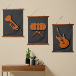 Musikinstrumente, Set von drei Wandteppich Mit Holzrahmen