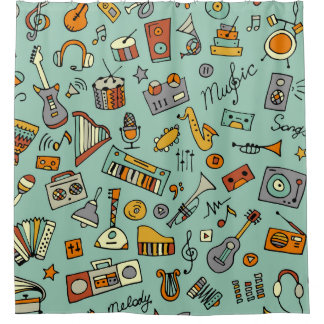Musikinstrumente, Vintages Skizzenmuster. Duschvorhang