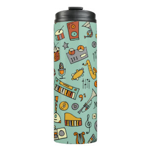 Musikinstrumente, Vintages Skizzenmuster. Thermosbecher