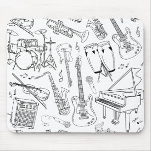 Musikinstrumenten-Collage in Schwarz und Weiß Mousepad