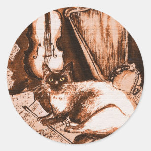 MUSIKKATZE, braun und weiß Runder Aufkleber