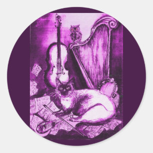 MUSIKKATZE, Lila rosa Violett und Weiß Runder Aufkleber