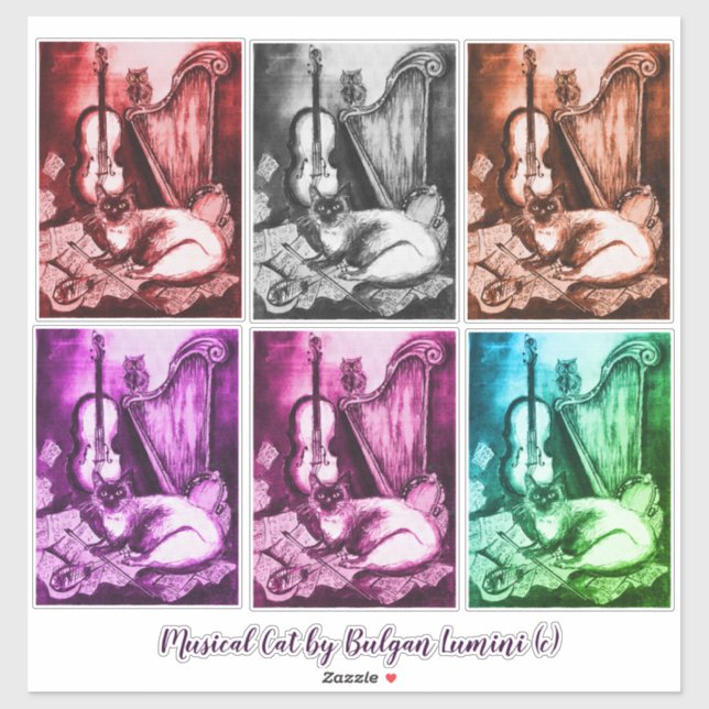 MUSIKKATZE, OWL, VIOLIN, HARP Monochrome Musik Aufkleber (Blatt)