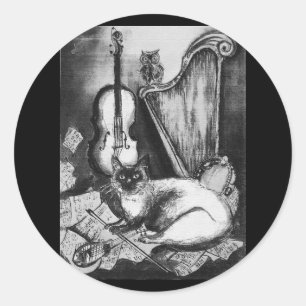 MUSIKKATZE, OWL, VIOLIN, HARP Schwarz-weiße Graum Runder Aufkleber