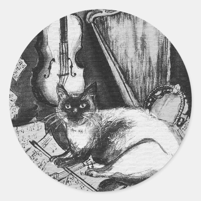 MUSIKKATZE, OWL, VIOLIN, HARP Schwarz-weiße Graumu Runder Aufkleber (Vorderseite)
