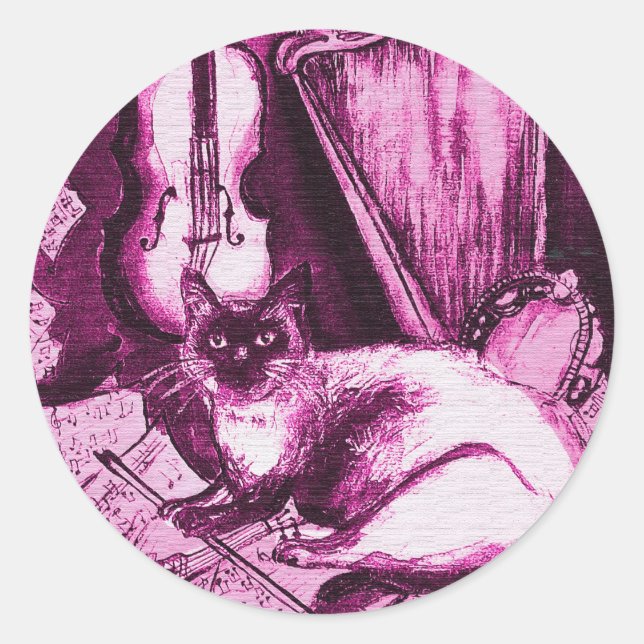 MUSIKKATZE, rosa Lila Fuchsien und Weiß Runder Aufkleber (Vorderseite)