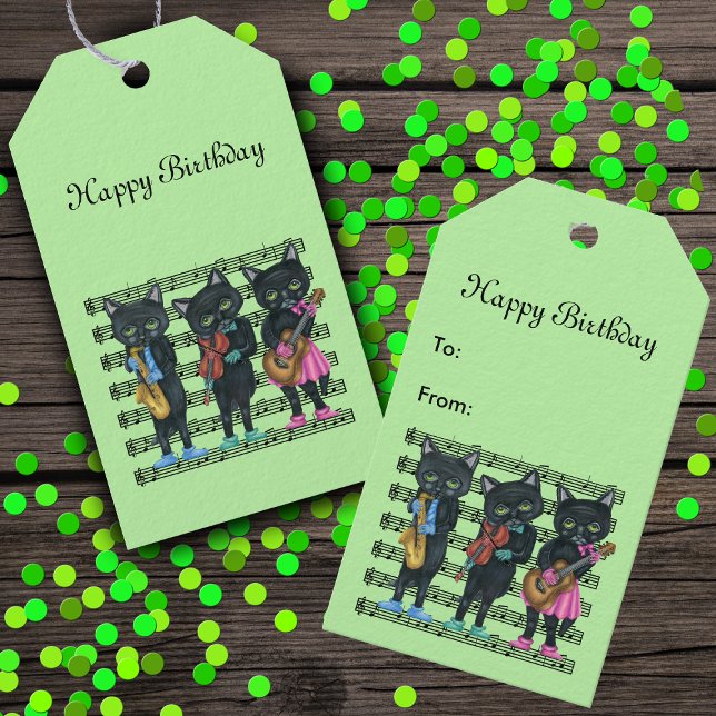 Musikkatzen auf Notenmusik mit Instrumenten grün Geschenkanhänger (Black Cat musicians playing instruments on sheet music on  green birthday hanging gift tags.)