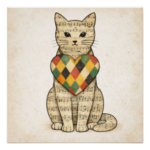 Musikkatzen-Collage mit Harlekin-Herz Poster