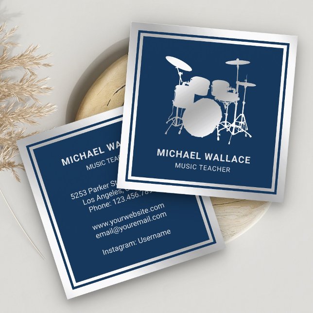 Musiklehrer Blue Silver Foil Drum Kit Drummer Quadratische Visitenkarte (Von Creator hochgeladen)