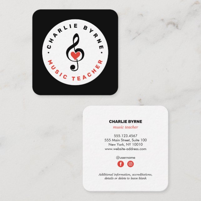 Musiklehrer Business Card Quadratische Visitenkarte (Vorne/Hinten)