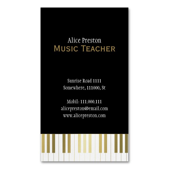 Musiklehrer | Elegantes Black Golden Piano Magnetische Visitenkarte (Vorderseite Vertikal)