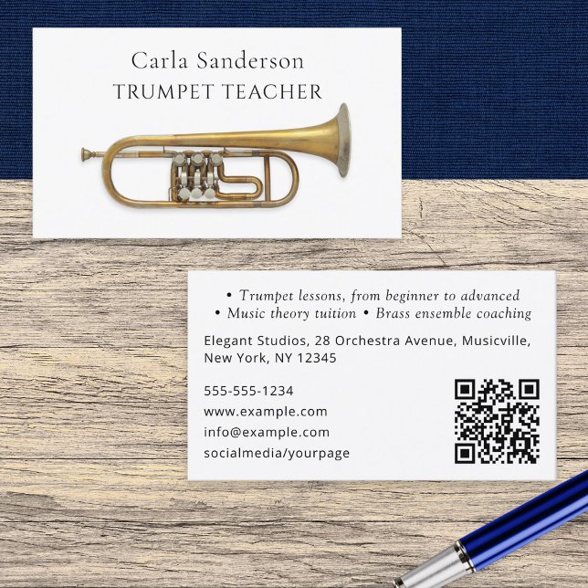 Musiklehrer für Trumpet-Lehrer Visitenkarte (An elegant business card template for a trumpet teacher, with customizable QR code)