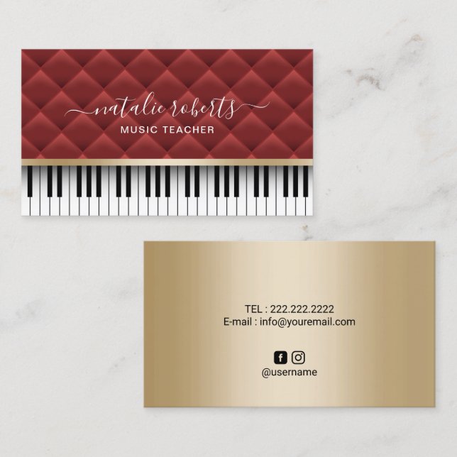 Musiklehrer Luxury Red & Gold Piano Keys Visitenkarte (Vorne/Hinten)
