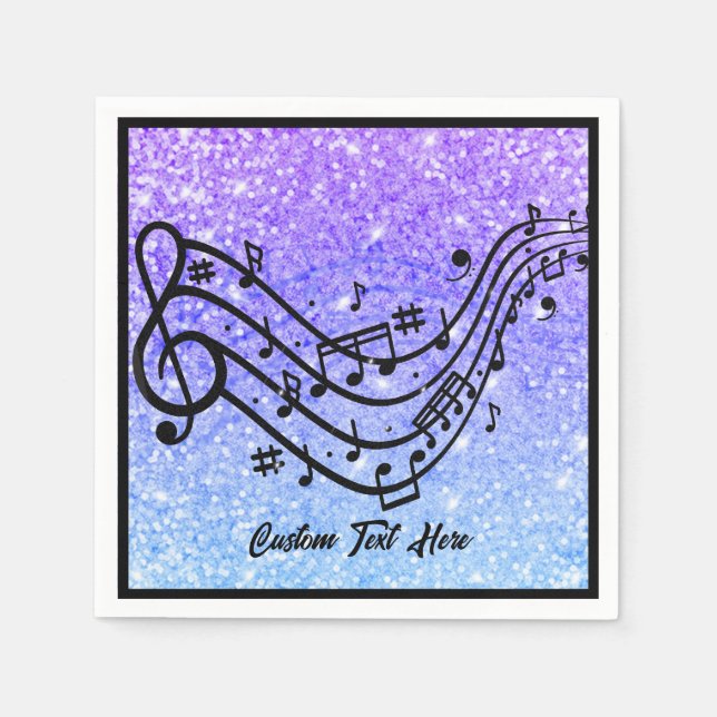 Musiknote Lila Blue Glitzer Sparkle Personalisiere Serviette (Vorderseite)
