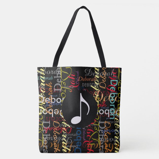 Musiknote mit farbigen Namen auf schwarz Tasche (Vorderseite)