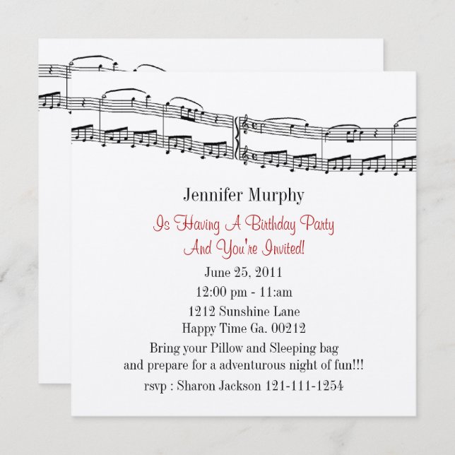 Musiknote Party Einladungen (Vorne/Hinten)