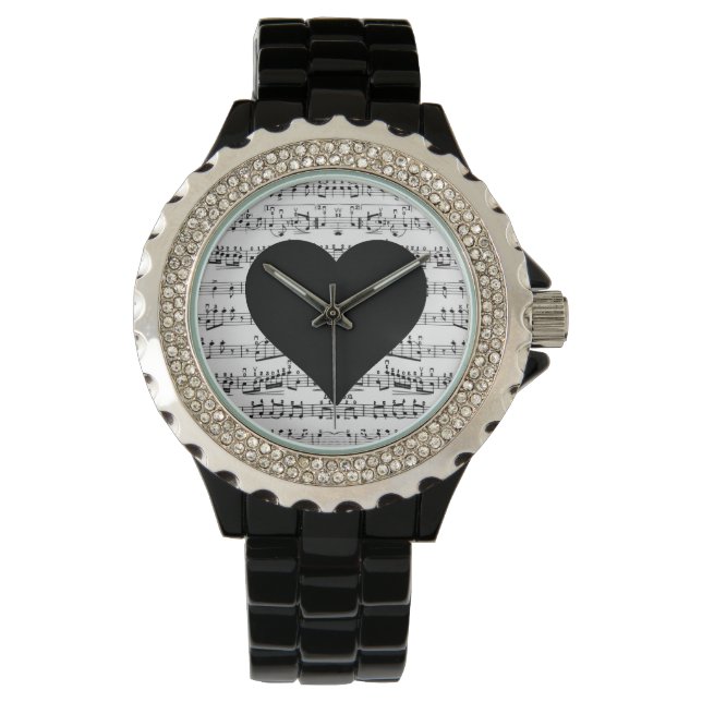 Musiknote Schwarzes Herz Armbanduhr (Vorderseite)