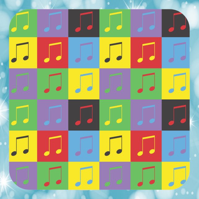Musiknoten 8. Pop Art Pattern Quadratischer Aufkleber (A cute sticker with a pop art pattern of 8th music notes.)