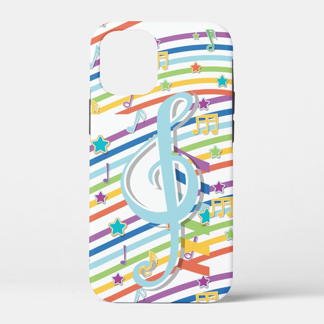 Musiknoten iPhone Case (A white phone case with a pattern of diagonal stripes in rainbow colors.)