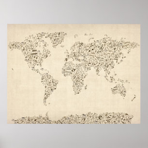 Musiknoten-Karte der Welt Poster