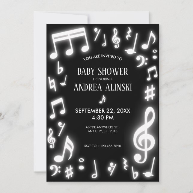 Musiknoten leuchten in der dunklen Babydusche Einladung (Vorderseite)