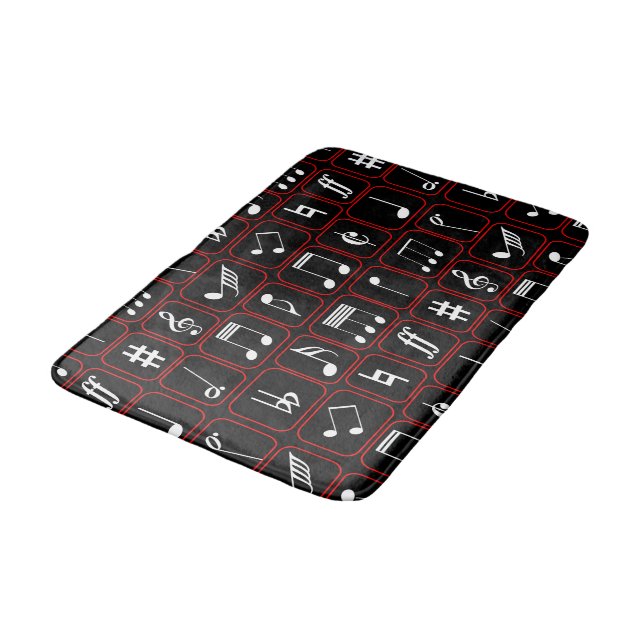 Musiknoten mit roter und weißer Geometrie Badematte (Schrägansicht)