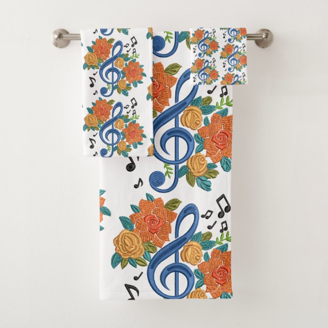 Musiknoten Musikalisches Blumendesign Orange Blue Badhandtuch Set (Insitu)