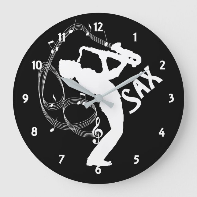 Musiknoten Saxophone Player Musicians Große Wanduhr (Vorderseite)