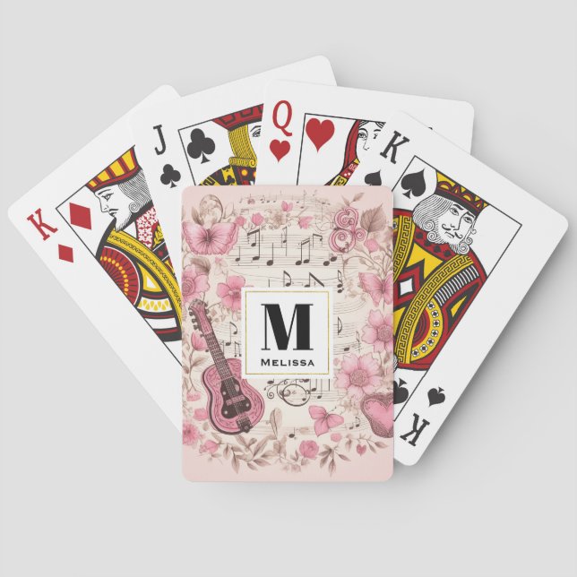 Musiknoten und Blume Elegantes Retro Monogramm Spielkarten (Rückseite)