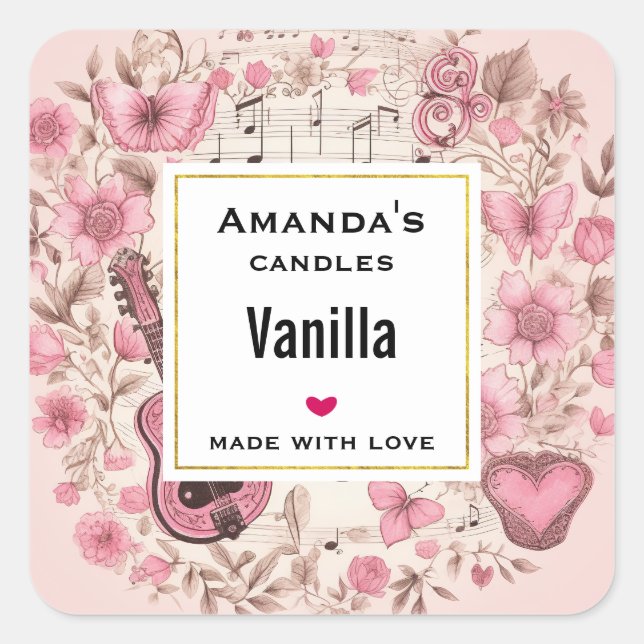 Musiknoten und Blume Retro Candle Business Quadratischer Aufkleber (Vorderseite)