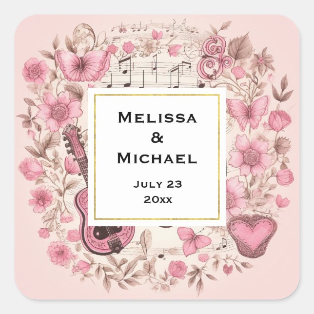 Musiknoten und Blume Retro-Hochzeit Quadratischer Aufkleber (Vorderseite)