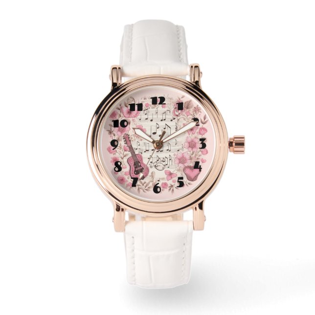 Musiknoten und Blume Retro-Stil Armbanduhr (Vorderseite)