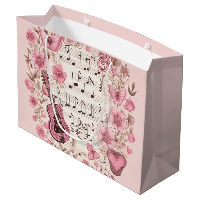 Musiknoten und Blume Retro-Stil Große Geschenktüte (Rückseite Schrägansicht)