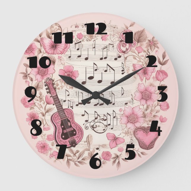 Musiknoten und Blume Retro-Stil Große Wanduhr (Vorderseite)