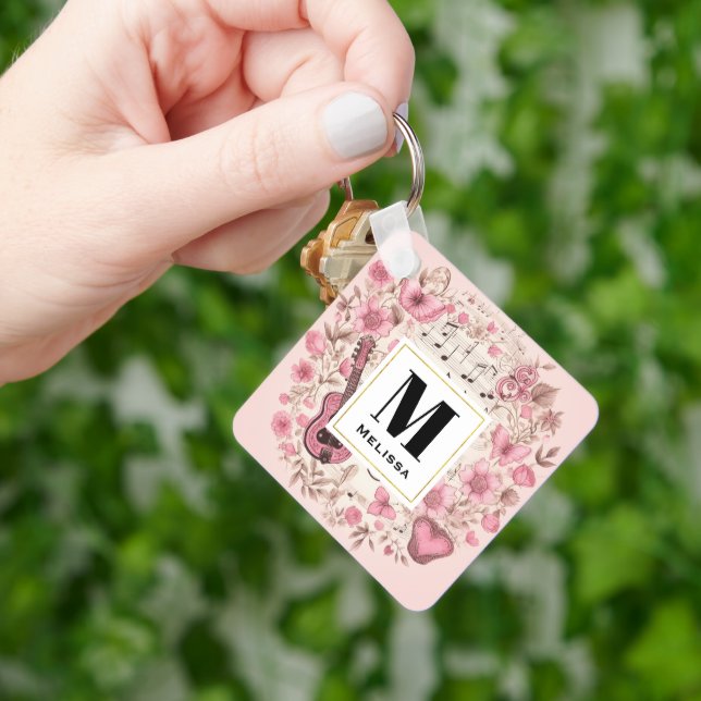 Musiknoten und Blume Retro Style Monogramm Schlüsselanhänger (Hand)