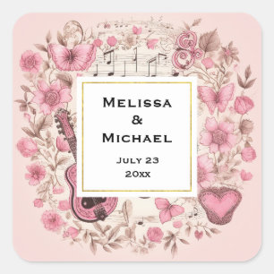 Musiknoten und Blumen Retro-Stil-Hochzeit Quadratischer Aufkleber