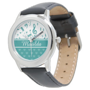 Musiknoten und Herzmuster Aquamarin und weiß Armbanduhr