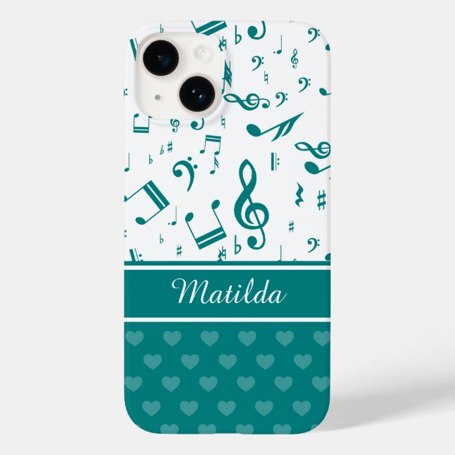Musiknoten und Herzmuster Aquamarin und weiß Case-Mate iPhone Hülle (Rückseite)