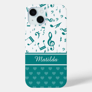 Musiknoten und Herzmuster Aquamarin und weiß iPhone 15 Hülle