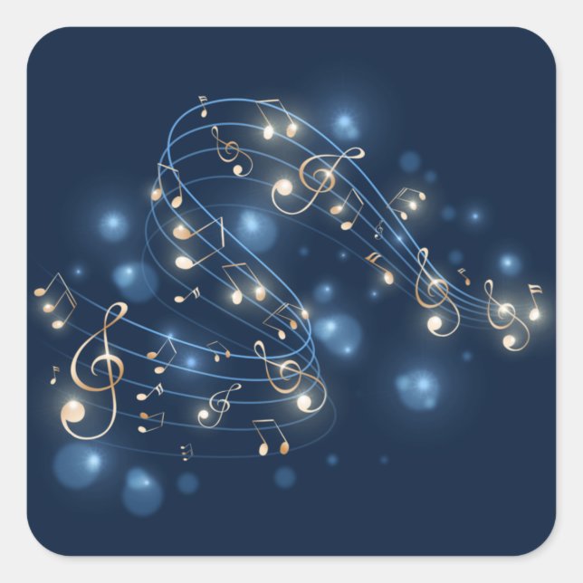 Musiknoten und Lichter auf blau Quadratischer Aufkleber (Vorderseite)