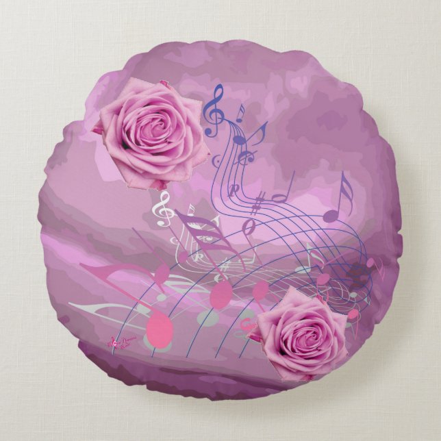 Musiknoten und Rose, weich, rosa Rundes Kissen (Vorderseite)