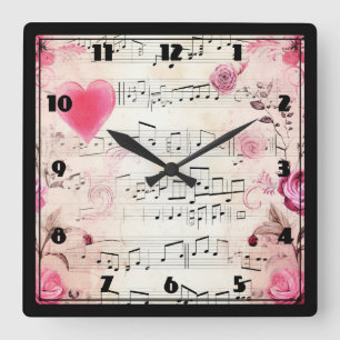 Musiknoten und Rosen Vintage-Design Quadratische Wanduhr