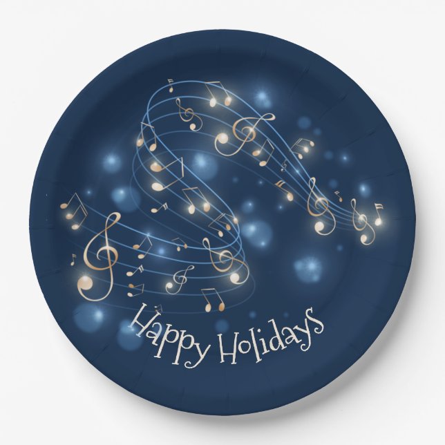 Musiknoten und Weihnachtsbeleuchtung Pappteller (Vorderseite)