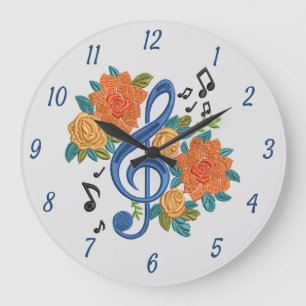 Musiknotens Musical Clef Floral Blue Orange Große Wanduhr