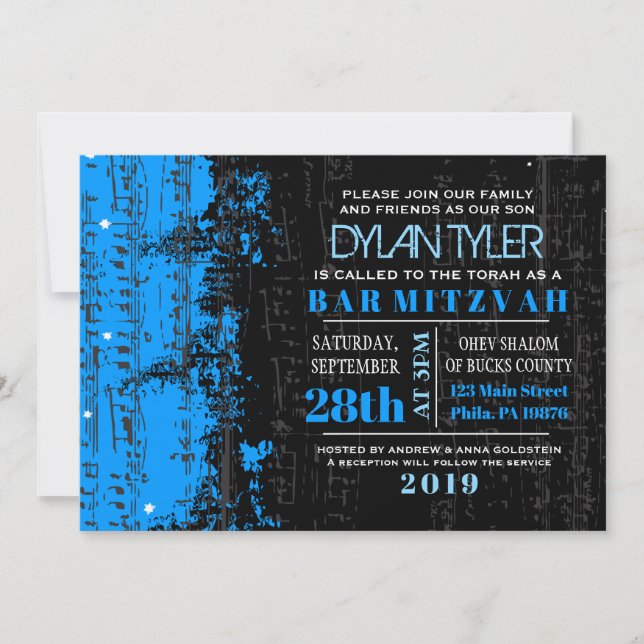 Musiknotens Stars Bar Mitzvah Einladung blau (Vorderseite)